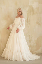 Robe de mariée ivoire longue manches longues plissée en tulle - Harana