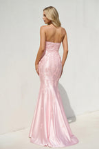 Robe longue rose coupe sirène décolleté cœur à appliqués - Harana