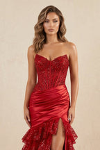 Robe longue rouge en dentelle coupe sirène décolleté cœur à corset - Harana