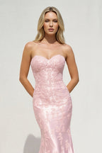Robe longue rose coupe sirène décolleté cœur à appliqués - Harana