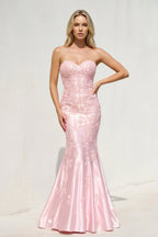 Robe longue rose coupe sirène décolleté cœur à appliqués - Harana