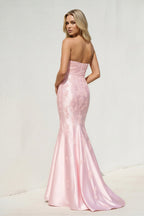 Robe longue rose coupe sirène décolleté cœur à appliqués - Harana