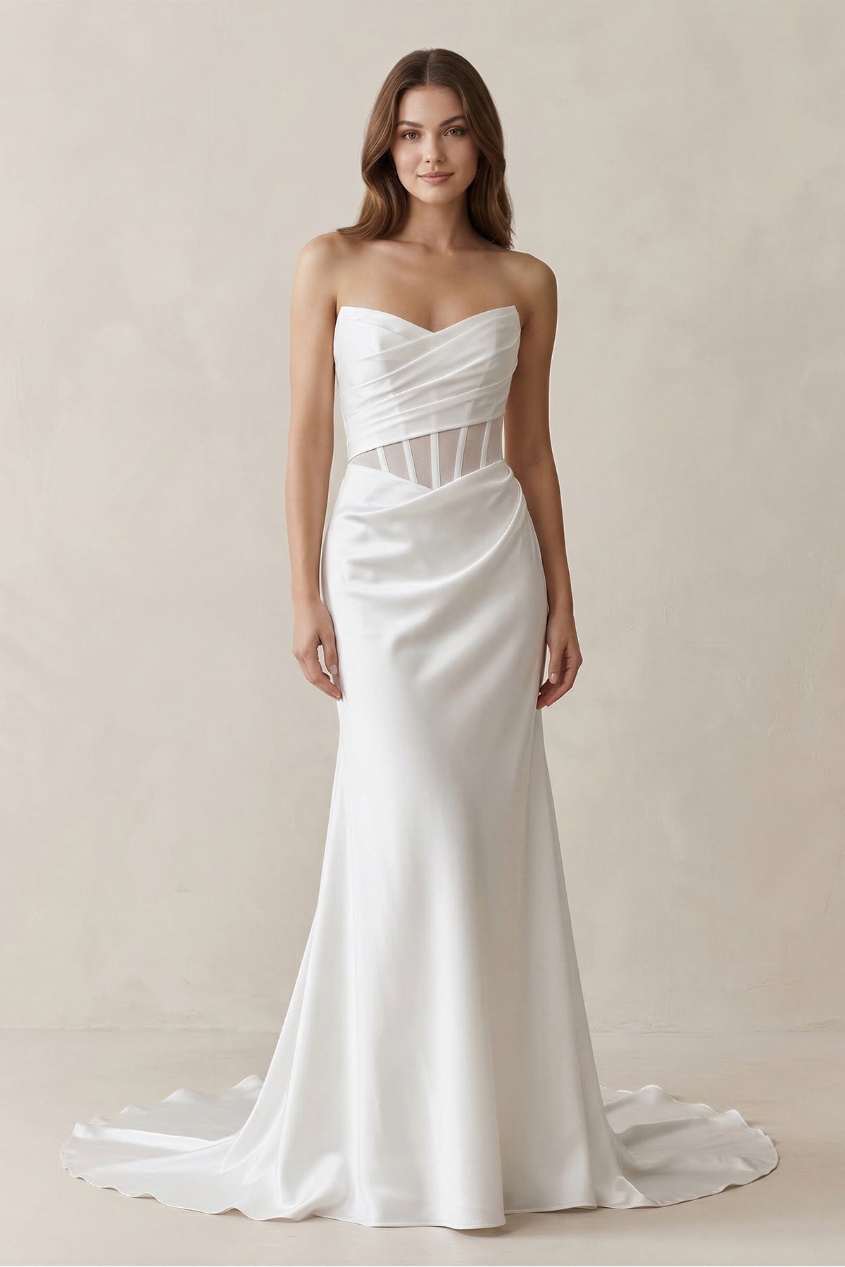 Robe de mariée blanche satinée coupe sirène à décolleté cœur avec corset - Harana