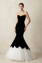 Robe longue noire sirène en satin et tulle - Harana