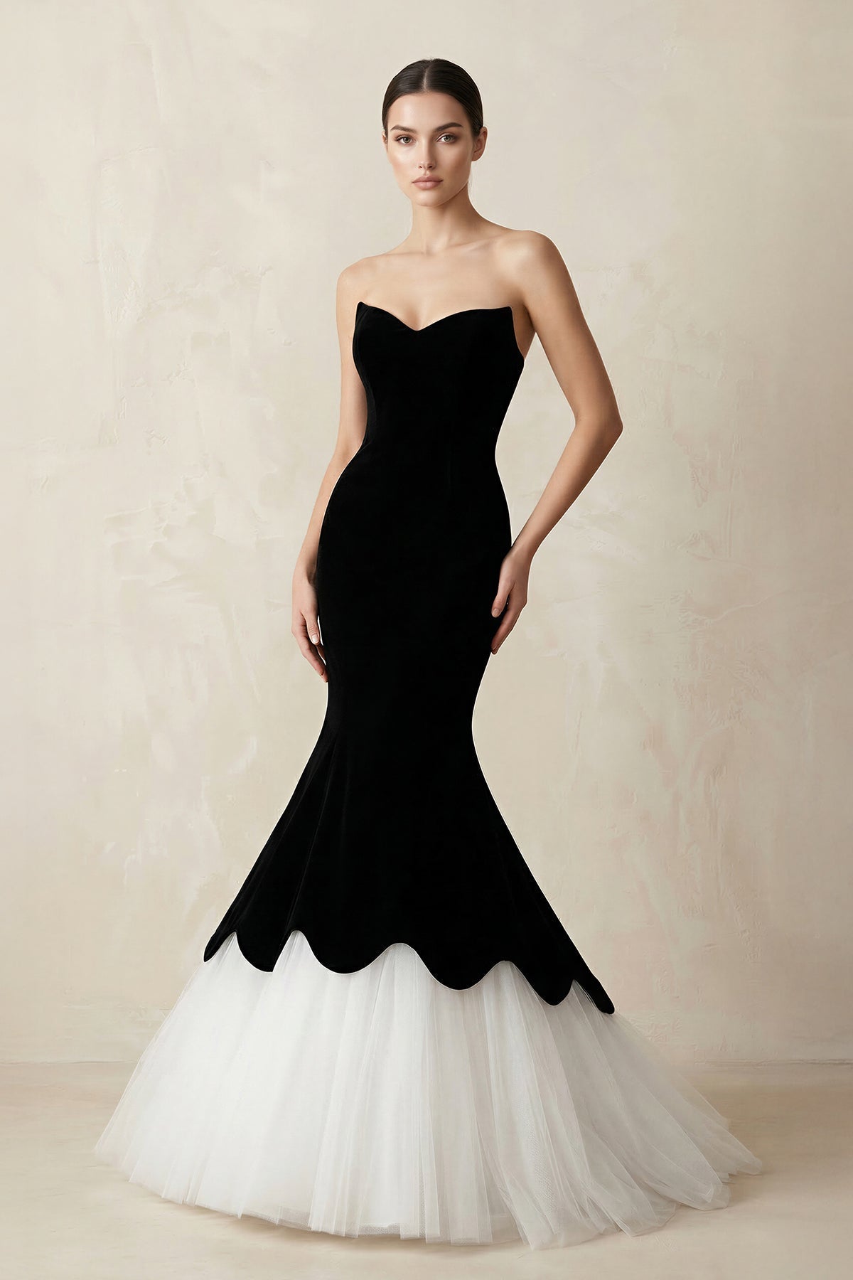 Robe longue noire sirène en satin et tulle - Harana