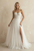 Robe de mariée blanche trapèze tulle décolleté cœur à corset sans manches - Harana