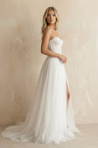 Robe de mariée blanche trapèze tulle décolleté cœur à corset sans manches - Harana