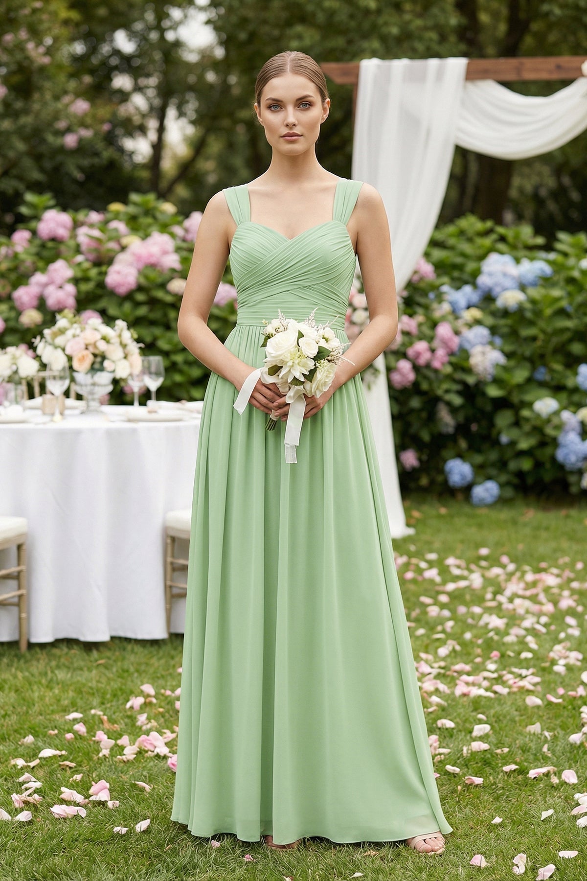 Robe demoiselle d’honneur vert sauge longue sans manches plissée effet drapé - Harana