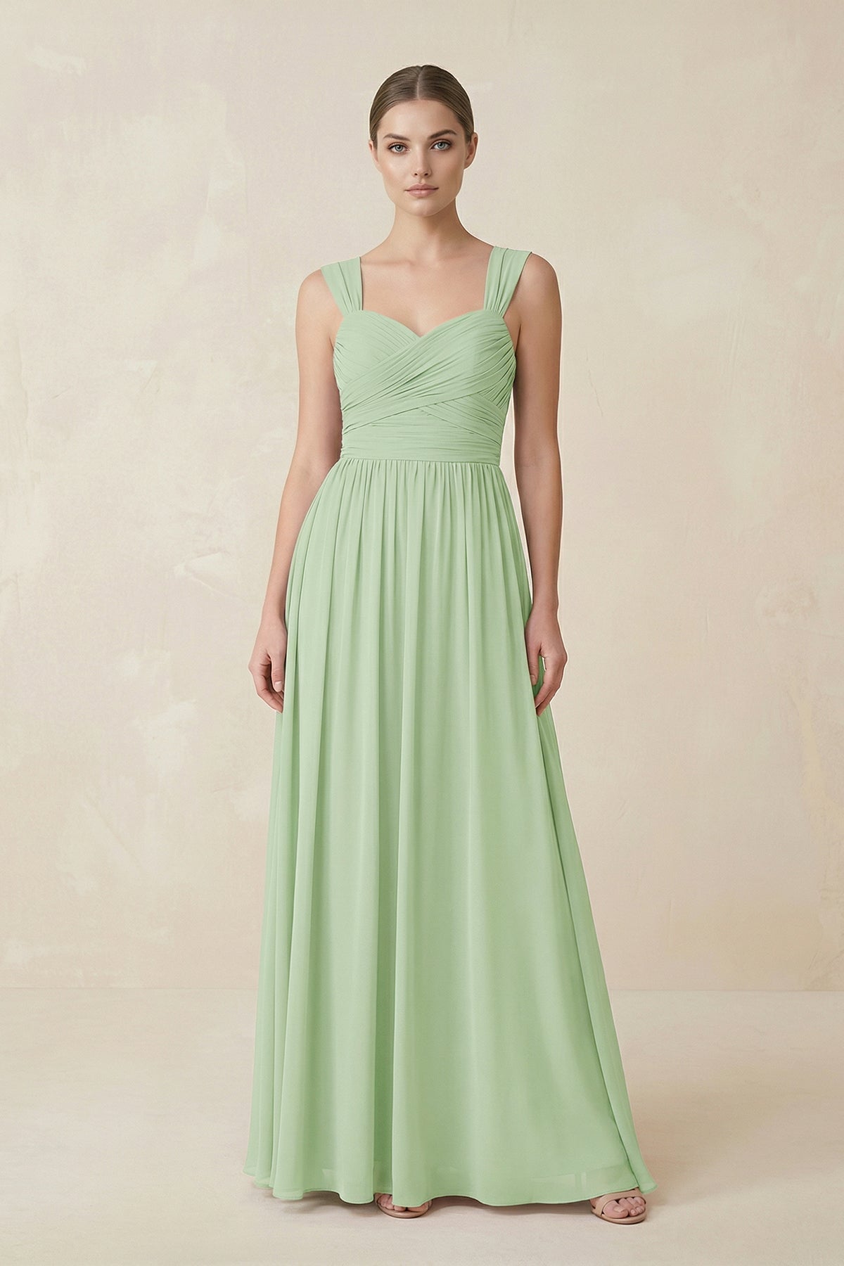 Robe demoiselle d’honneur vert sauge longue sans manches plissée effet drapé - Harana