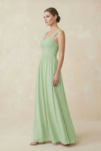 Robe demoiselle d’honneur vert sauge longue sans manches plissée effet drapé - Harana
