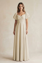 Robe demoiselle d’honneur champagne longue plissée effet drapé en mousseline - Harana
