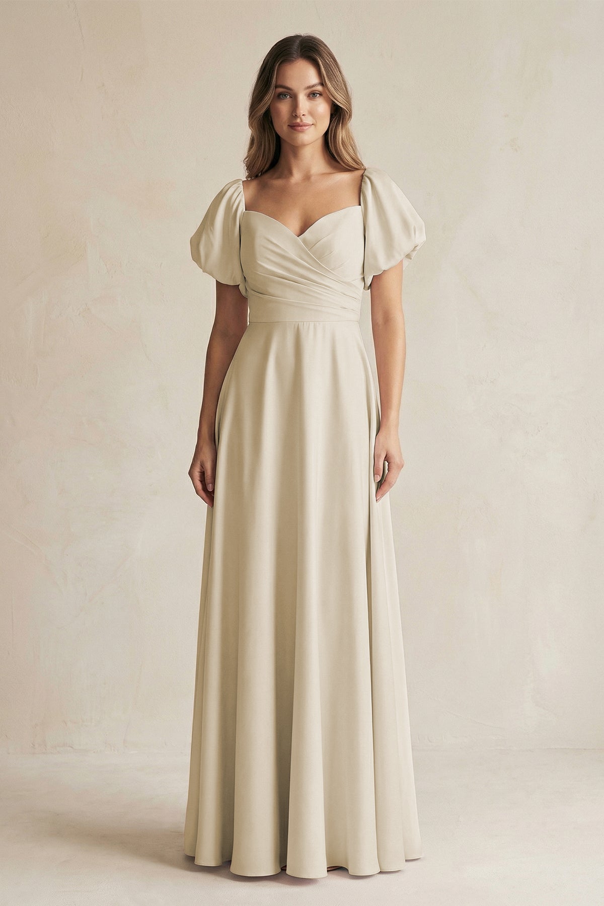 Robe demoiselle d’honneur champagne longue plissée effet drapé en mousseline - Harana