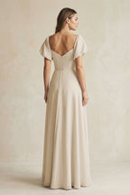 Robe demoiselle d’honneur champagne longue plissée effet drapé en mousseline - Harana