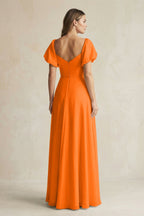 Robe longue orange en mousseline coupe trapèze - Harana