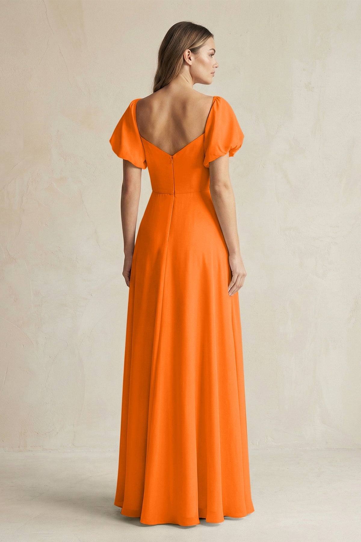 Robe longue orange en mousseline coupe trapèze - Harana