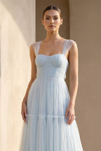 Robe longue bleu ciel décolleté cœur effet drapé - Harana