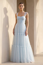 Robe longue bleu ciel décolleté cœur effet drapé - Harana
