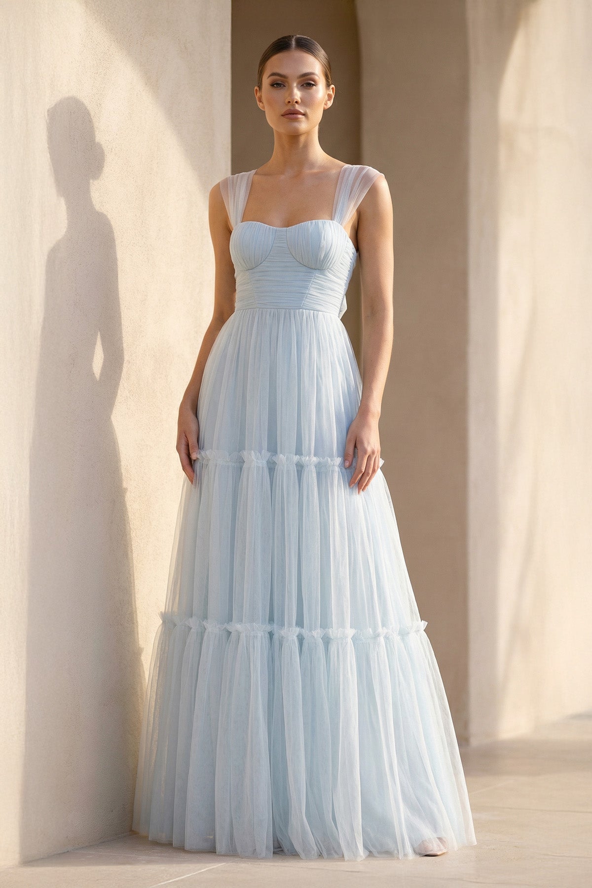 Robe longue bleu ciel décolleté cœur effet drapé - Harana
