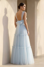 Robe longue bleu ciel décolleté cœur effet drapé - Harana