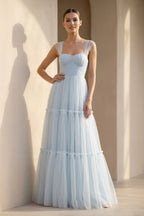 Robe longue bleu ciel décolleté cœur effet drapé - Harana