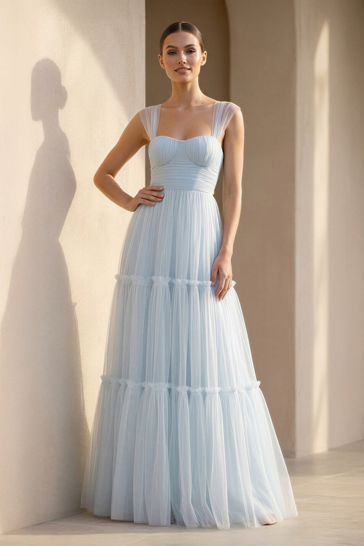 Robe longue bleu ciel décolleté cœur effet drapé - Harana