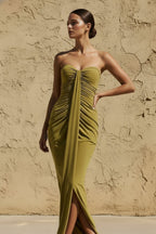 Robe longue olive décolleté cœur effet drapé - Harana