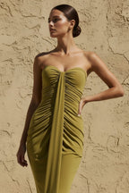 Robe longue olive décolleté cœur effet drapé - Harana