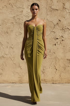 Robe longue olive décolleté cœur effet drapé - Harana