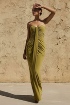 Robe longue olive décolleté cœur effet drapé - Harana