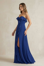 Robe demoiselle d’honneur bleu roi longue sans manches avec fente effet drapé - Harana