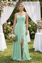 Robe demoiselle d’honneur pale pistachio longue sans manches avec fente effet drapé - Harana