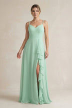 Robe demoiselle d’honneur pale pistachio longue sans manches avec fente effet drapé - Harana