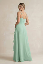 Robe demoiselle d’honneur pale pistachio longue sans manches avec fente effet drapé - Harana