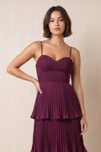 Robe framboise midi en mousseline coupe trapèze à décolleté cœur ornée de volants - Harana