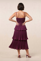 Robe framboise midi en mousseline coupe trapèze à décolleté cœur ornée de volants - Harana