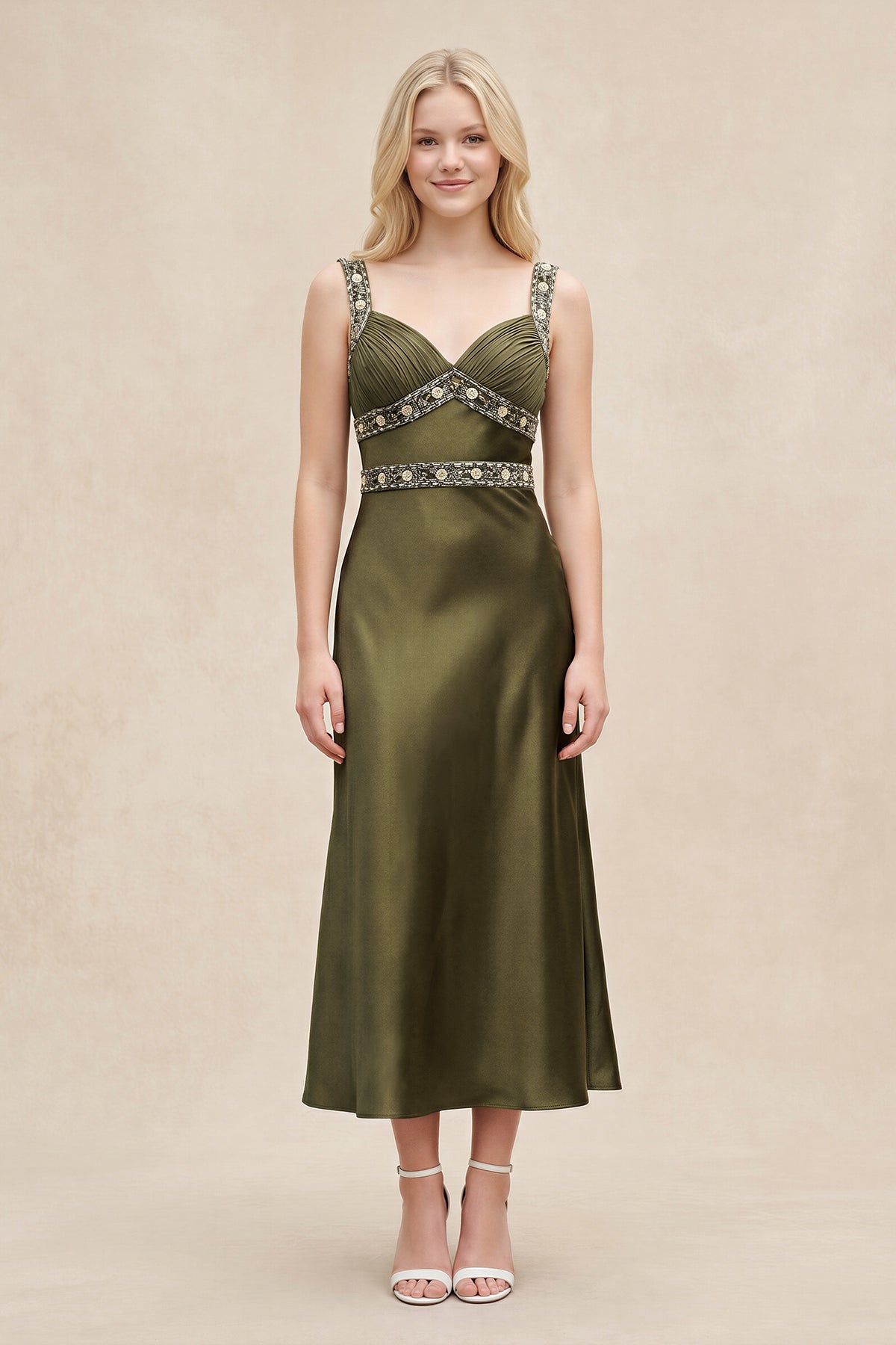 Robe vert olive midi satinée coupe fourreau à décolleté cœur plissée - Harana