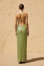 Robe longue matcha pailletée décolleté cœur - Harana
