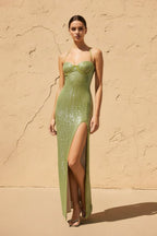 Robe longue matcha pailletée décolleté cœur - Harana