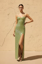 Robe longue matcha pailletée décolleté cœur - Harana
