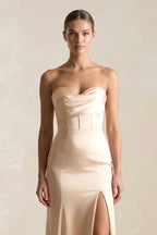 Robe demoiselle d’honneur champagne longue sans manches avec fente à corset - Harana