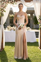 Robe demoiselle d’honneur champagne longue sans manches avec fente à corset - Harana