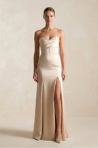 Robe demoiselle d’honneur champagne longue sans manches avec fente à corset - Harana