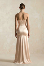 Robe demoiselle d’honneur champagne longue sans manches avec fente à corset - Harana