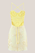 Robe jaune courte en coton coupe fourreau à fines bretelles - Harana