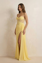 Robe longue jaune décolleté cœur avec fente plissée - Harana