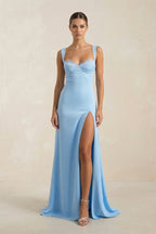 Robe longue bleu ciel satinée décolleté cœur avec fente - Harana
