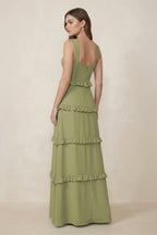 Robe demoiselle d’honneur moss green longue sans manches effet drapé en mousseline - Harana