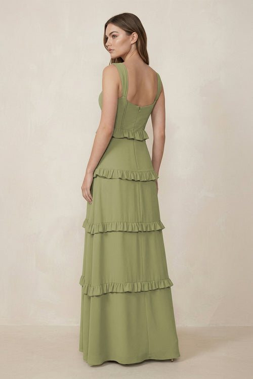 Robe de demoiselle d’honneur vert mousse longue en mousseline coupe trapèze à décolleté cœur - Harana