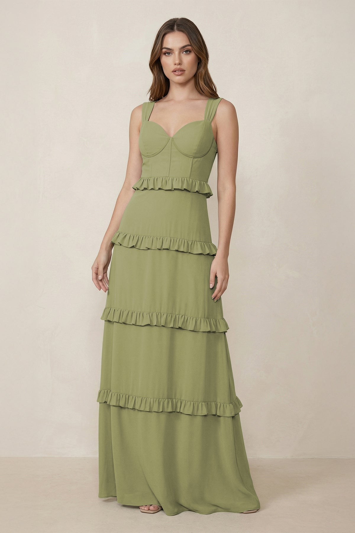 Robe demoiselle d’honneur moss green longue sans manches effet drapé en mousseline - Harana