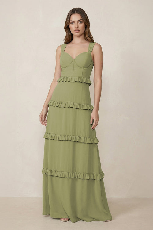 Robe de demoiselle d’honneur vert mousse longue en mousseline coupe trapèze à décolleté cœur - Harana